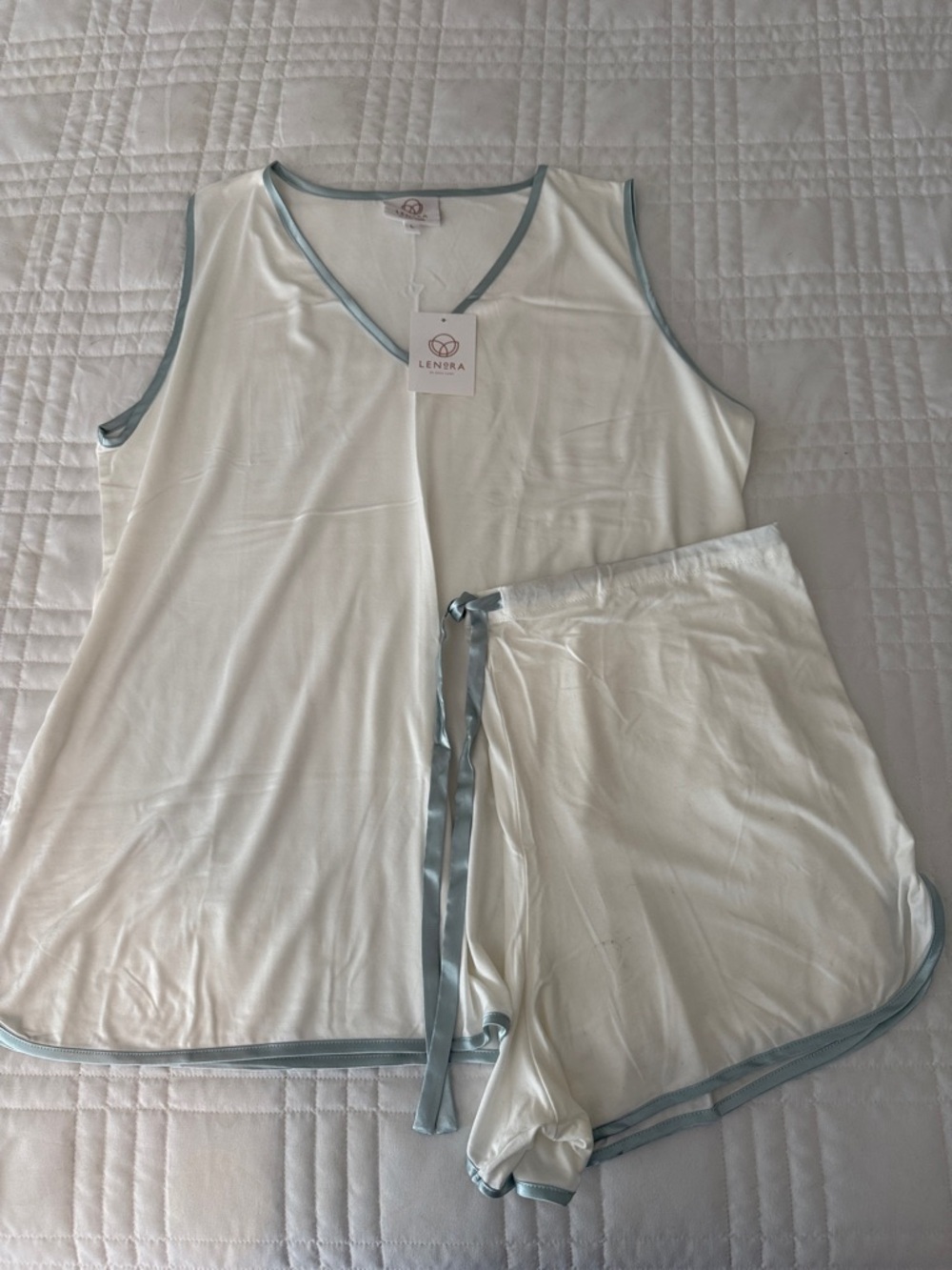 Women's White & Light Blue Trim Sleep Set - Tank Top & Shorts